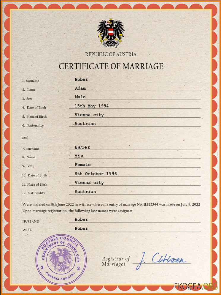 Modèle PSD de certificat de mariage en Autriche,